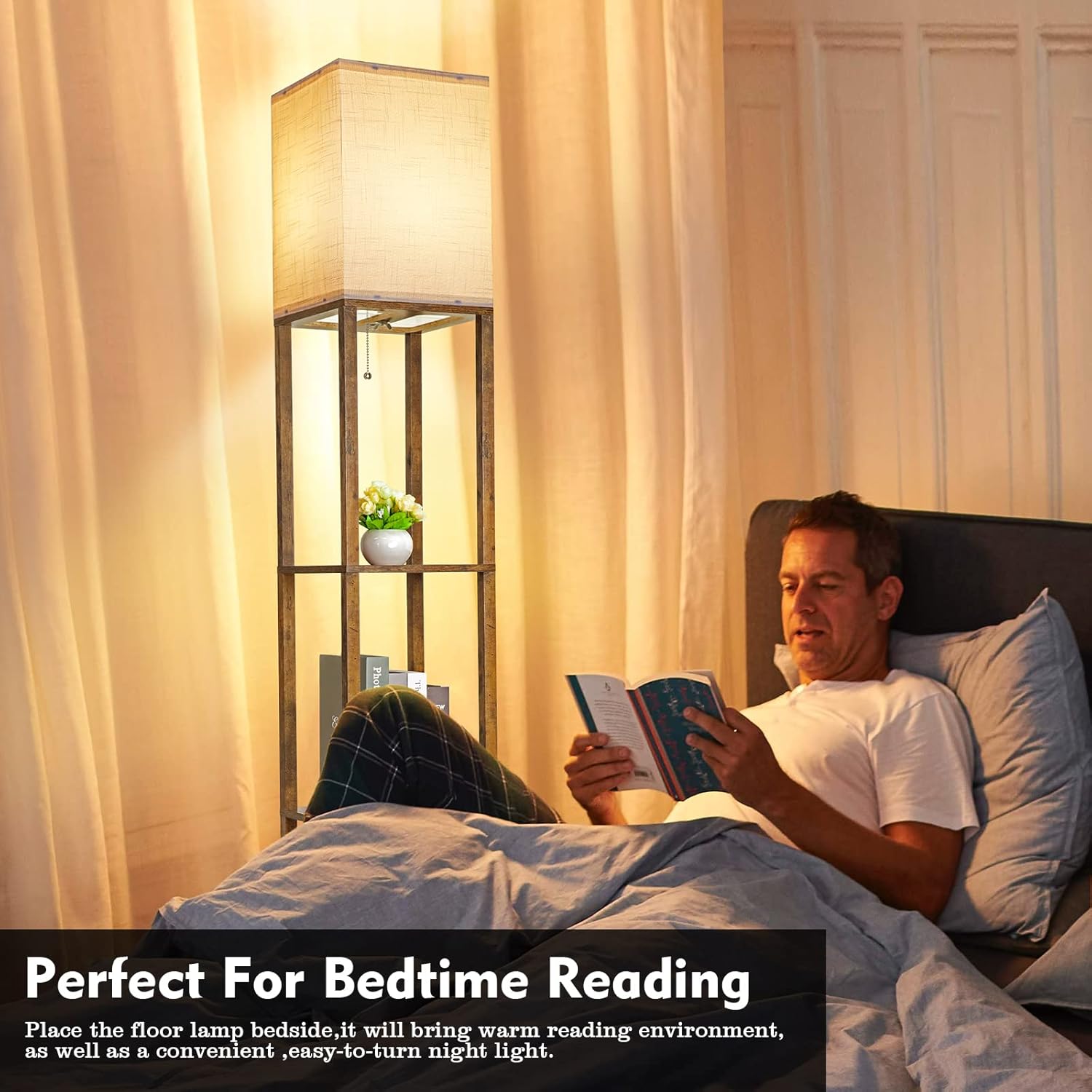 RUNTOP Floor Lamp with Shelves, Modern Shelf Lamp for Display Storage, 3 Color Temperature Wood Narrow Standing Corner Lamp with 8W Bulb for Living Room Decor, Bedroom, Office, Home Decor(Brown)